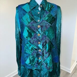 Vintage 90s Phool Patchwork Vest Blouse‎ 2 Piece Set Rayon Teal Emerald L Large